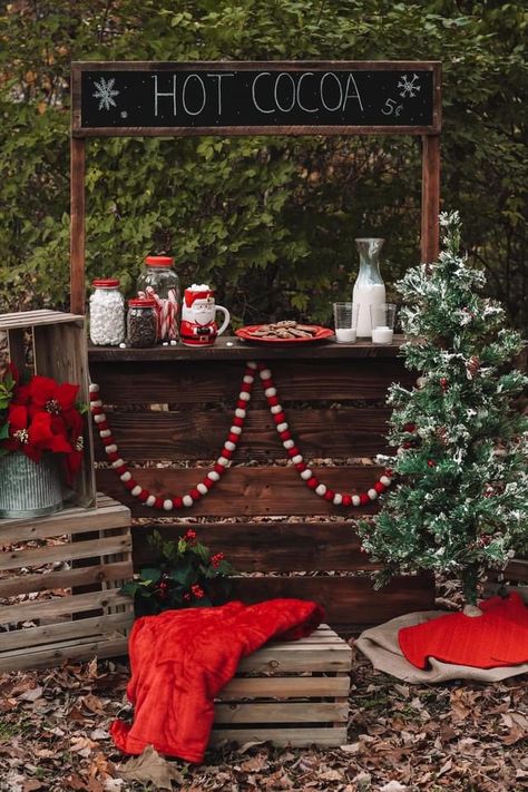 Hot Coco Stands Ideas, Christmas Trees For Sale Photoshoot, Holiday Photoshoot Setup Ideas, Country Christmas Backdrop, Santa Picture Backdrop Ideas Diy, Christmas Tree Stand Photoshoot, Diy Hot Chocolate Stand, Hot Chocolate Christmas Pictures, Santa Minis Photography