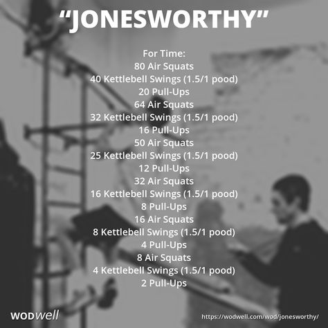 "Jonesworthy" is apparently a tribute to the infamous "Gym Jones" (Salt Lake City, UT). "The reason the bodyweight squats are combined with the KB swing is to 'season the meat,' as we say at Gym Jones. It essentially means that when the legs are tired you must explode with your hips or the KB won't move." - Mark T.  This workout was first posted on the CrossFit Main Site as the workout of the day for Friday, December 3, 2004 (041203). Crossfit Workout Program, 300 Spartans, Wods Crossfit, Crossfit Workouts Wod, Hero Wod, 300 Workout, Crossfit Workouts At Home, Amrap Workout, Workout Of The Day