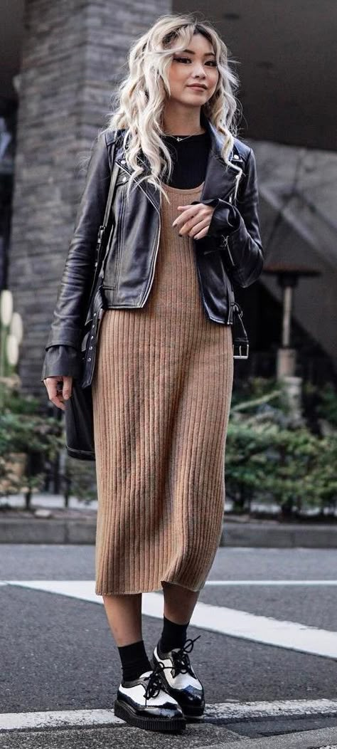 Thanksgiving Outfit Alternative, Bike Jacket Outfit, Biker Jacket Dress Outfit, Brown Dress Black Boots, Fall Walk Outfit, Brown Dress With Jacket, Beige Sweater Outfit Winter, Alternative Style Leather Jacket For Fall, Black Biker Jacket Outfit