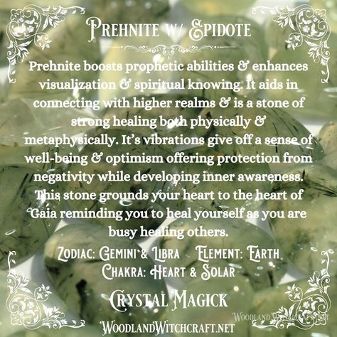 Discover the powerful magick of Prehnite with Epidote! This stunning crystal is known for its calming energy and ability to help you connect with the spiritual realm. #PrehniteWithEpidote #CrystalHealing #SpiritualJourney Epidote Crystal Meaning, Prehnite Crystal Meaning, Crystal Grimoire, Altar Inspiration, Gem Meaning, Epidote Crystal, Prehnite Crystal, Crystal Kingdom, Gemini And Libra