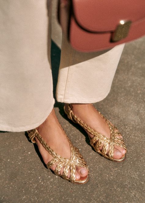 Natacha Low Sandals - Smooth braided gold - Crackled metallic goatskin leather - Sézane Leather Shoes Outfit, Low Sandals, Woven Leather Shoes, Wedding Week, Shoes Outfit, Gold Sandals, Shoe Closet, Thrift Stores, Sandal Fashion