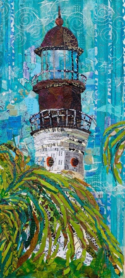 Key West Lighthouse, Landscape Quilt, Collage Art Projects, Paper Collage Art, Magazine Collage, Landscape Quilts, Fabric Collage, Magazine Art, Mixed Media Collage