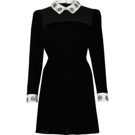 Black velvet embellished collar mini dress Black Velvet Dress White Collar, Black Collar Dress, Velvet Dresses Outfit, Collar Mini Dress, High Collar Dress, Black Collared Dress, Beautiful Black Dresses, Embellished Collar, Valentino Dress