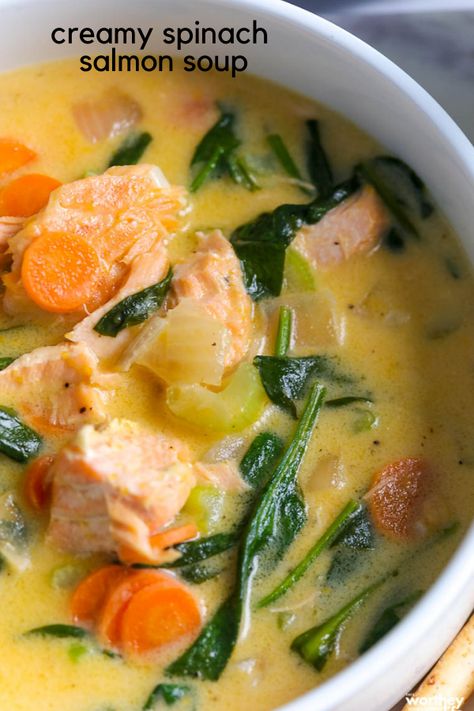 soup recipe | creamy spinach soup with salmon Salmon Coconut Soup, Salmon Soup Coconut Milk, Soup With Salmon, Keto Salmon Soup, Creamy Salmon Soup, Salmon Miso Soup, Salmon Soup Recipes Healthy, Salmon Soup Recipes, Creamy Spinach Salmon