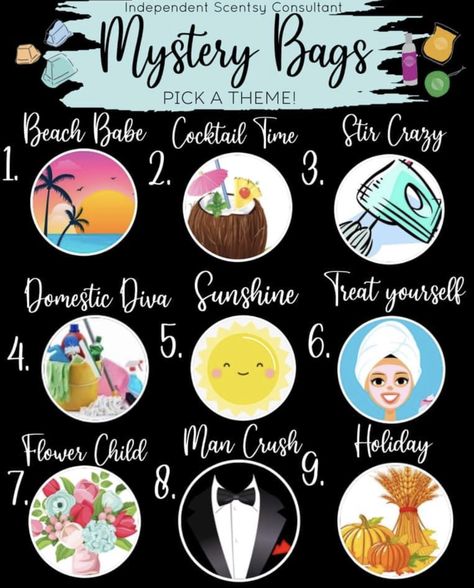 Scentsy Mystery Bag Ideas Summer, Mystery Bags Scentsy, Scentsy Mystery Bag Ideas, Tee Party Ideas, Mystery Bag Ideas, Scentsy Flyers, Scentsy Facebook Party, Scentsy Games, Scentsy Posts