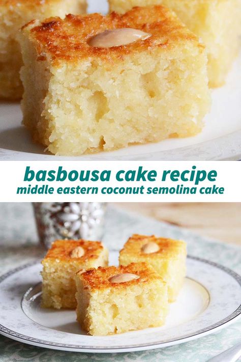 Basbousa Recipe aka Harissa Dessert (Middle Eastern Coconut Semolina Cake) Dense Cake Recipe, Basbousa Recipe, Semolina Cake Recipe, Semolina Recipe, Arabic Sweets Recipes, Arabic Dessert, Semolina Cake, Middle Eastern Desserts, Coconut Cake Recipe