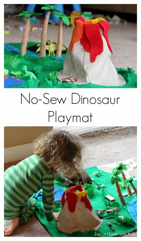 No Sew Dinosaur World Playmat from Fun at Home with Kids Dinosaur Play Mat Diy, Dinosaur Playmat, Entertaining Kids, Felt Play Mat, Dinosaur Play, Dinosaur Crafts, Operation Christmas Child, Trendy Sewing, Diy Travel