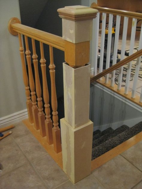 Banister Remodel, Diy Stairs Makeover, Stair Railing Makeover, Stair Newel Post, Diy Stair Railing, Stair Posts, Stair Banister, Stair Makeover, Handrail Design