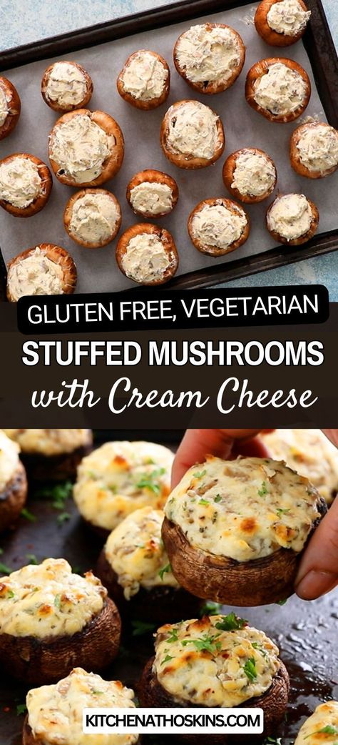 Learn how to make the best stuffed mushrooms with cream cheese that is garlicky, meatless, vegetarian, gluten free and has no meat. Mushroom caps are filled with Philadelphia cream cheese, baked in the oven and served hot to make easy appetizer for a crowd to serve at Thanksgiving or Christmas parties. Get the yummy vegetarian stuffed mushrooms recipe at kitchenathoskins.com. Easy Recipes For Appetizers, Gluten And Dairy Free Stuffed Mushrooms, Keto Breakfast Recipes No Eggs, Vegetarian Gluten Free Thanksgiving Recipes, Salt Free Appetizers, Baked Stuffed Mushrooms Oven, Airfryer Stuffed Mushrooms, Large Mushroom Recipes, Vegetarian Party Dishes