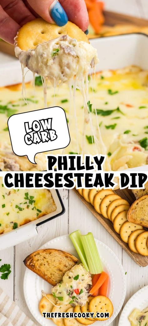 Everyone will love this easy, Philly Cheesesteak Dip -- a low-carb and gluten-free appetizer that will have your guests fighting to get the last bite! Get the easy recipe from thefreshcooky.com Desert Dips, Philly Cheesesteak Dip, Cheesesteak Dip, Deli Roast Beef, Philly Cheese Steak Dip, Philly Cheese Steak Sliders, Toasted Crostini, Philly Cheese Steak Recipe, Delicious Dips Recipes