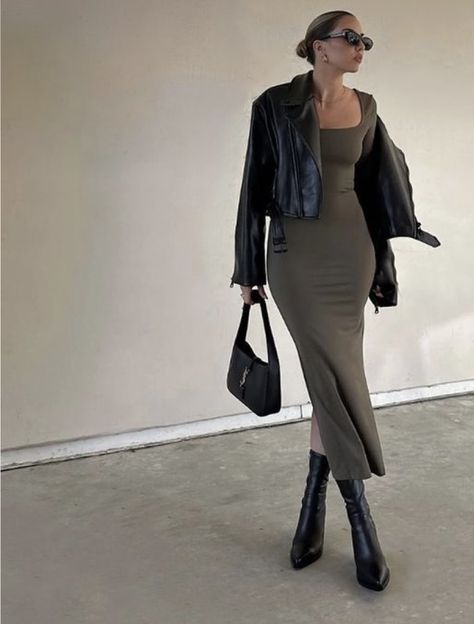 Long Dress And Leather Jacket, Tube Dress Winter Outfit, Black Bodycon Dress Outfit Fall, Black Knit Midi Dress Outfit Winter, Modest Aesthetic Outfits Winter, Knitted Maxi Dress Outfit, Dress With Jacket Outfit Casual, High Heels Outfit Aesthetic, Long Dress Outfit Fall