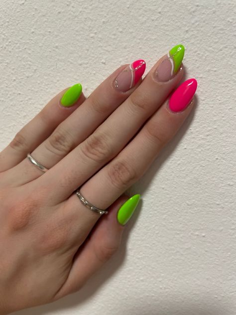 Neon green and pink nails. Ready for summer. Pink And Lime Green Nails, Neon Pink And Green Nails, Green And Pink Nails, Lime Green Nails, Alex Fierro, Hard Nails, Green And Pink, Green Nails, Almond Nails