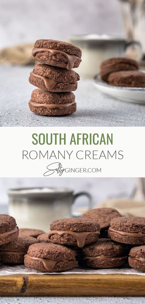 Top - stack of Romany Creams. Bottom - Platter of Romany Creams Chocolate Biscuit Recipe, South African Desserts, South African Dishes, Coconut Biscuits, African Dessert, African Cooking, South African Recipes, Chocolate Coconut, African Food