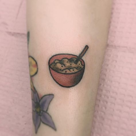 Cute, minimalist porridge bowl tattoo by Jen Wong Bowl Tattoo, Related Tattoos, Porridge Bowl, Oatmeal Bowls, Minimal Tattoo, Small Detail, Japanese Tattoo, Tattoo Images, Jesus Fish Tattoo