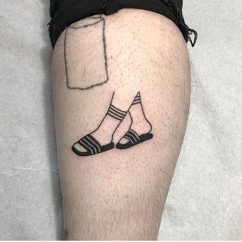 Socks and slippers tattoo on the calf Sock Tattoo, Black And Grey Tattoos For Men, Black And Grey Tattoos Sleeve, Intense Emotions, Cute Little Tattoos, Star Light, Face Tattoo, Sleeve Tattoos For Women, Black Ink Tattoos