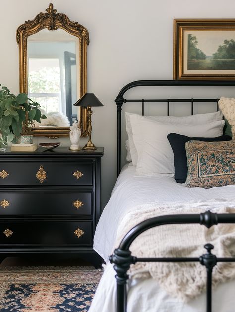 Transform Your Space: 16 Dreamy Boho Black Bedroom Ideas You’ll Love - Full Bedroom Decor Ideas, Black And White Bedroom Vintage, Black Bedroom Furniture Boho, Vintage Bedroom Minimalist, Black And White French Country Bedroom, 1920s Inspired Bedroom, Black Bed Bedroom Ideas Inspiration, Black Cottage Bedroom, Guest Room Black Furniture