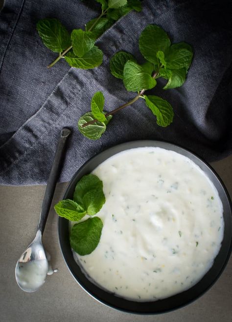 This Mint Yoghurt is an easy to make dip or accompaniment that pairs well with Indian cuisine (because it's really cooling) or to jazz-up simple lamb meals. Yoghurt Sauce, Yoghurt Dip, Mint Yogurt, Salad Aesthetic, Sweet Custard, Mint Sauce, Yogurt Dressing, Healthy Dips, Moroccan Dress