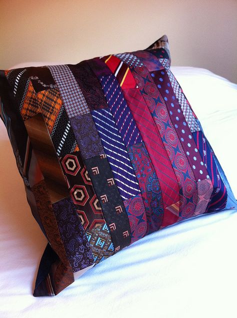 Patchwork necktie cushion by alipink_bags, via Flickr Neck Tie Projects, Neck Tie Crafts, Necktie Quilts, Necktie Projects, Tie Projects, Tie Quilts, Necktie Quilt, Tie Pillows, Large Cushion Covers