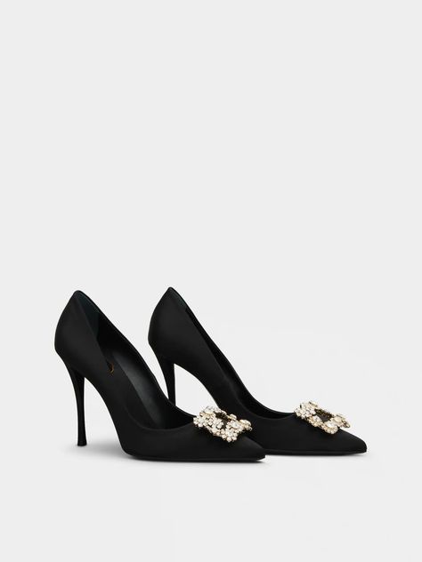 Flower Strass Buckle Pumps in Satin Black Woman RVW41917620RS041B999 | Roger Vivier Roger Vivier Heels, Vivier Shoes, Luxury Heels, Heels Collection, White Heels, Kinds Of Shoes, Roger Vivier, Shoe Closet, The Collection