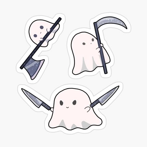 3 cute mischievous ghosts holding knives and a scynth. Spooky chibi halloween art Horror Friends Tattoo, Ghost With Knife Tattoo, Ghost With Knife, Ghost Art Aesthetic, Chibi Ghost, Knife Drawing, Knife Tattoo, Ghost Drawing, Cartoon Bee