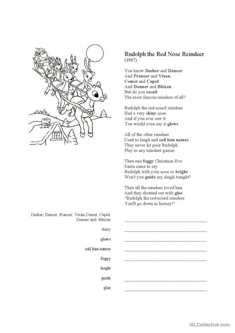 This is the lyrics of the song 'Rudolph the Red-nosed Reindeer with space to take notes on new vocabulary. Reindeer Worksheets, Reindeer Song, Nursery Rhymes Activities, New Vocabulary, Rhyming Activities, Rudolph The Red Nosed Reindeer, Preschool Math Worksheets, Map Activities, Take Notes