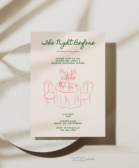 "Whimsical Rehearsal Dinner Invitation with Hand Drawn illustration template, that is easy to customize, download and print at home or professionally within minutes, through Corjl. You can change all of the text, font styles and colors. Please note that NO physical product will be shipped; these are editable, downloadable, digital files. D E T A I L S You will receive  * Rehearsal Dinner invitation 5x7\" * Rehearsal DInner A5 (148x210mm - EU/AUS) * Access to 300+ hand drawn illustrations * Instructions D E M O Try before you buy! Copy and paste this link into your web browser: https://www.corjl.com/d/F06BP H O W I T W O R K S 1. Purchase the listing 2. Immediately download instructions from your Etsy receipt 3. Look for an email from Corjl in 15 minutes with a link to your templates 4. Edi Whimsical Rehearsal Dinner, Dinner Table Illustration, Rehersal Dinner Invitations, Table Illustration, Rehearsal Dinner Invites, Rehearsal Dinner Invite, Wedding Rehearsal Dinner Invitations, Illustration Template, Rehearsal Dinner Invitation