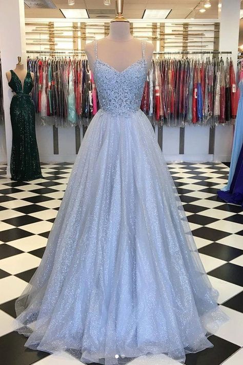 4d6e4749289c4ec58c0063a90deb3964desc52710182ri Grey Prom Dress, Blue Evening Gowns, Spaghetti Strap Prom Dress, Prom Dresses Two Piece, Blue Tulle, Long Prom Dresses, Lace Evening Dresses, Applique Dress, Tulle Prom Dress