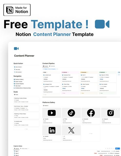 Free Notion Content Planner Template fitnessgoalplanner #plannerpageideas #ramadan_notion_template #etsy_planner⚡ Notion Template Ideas For Content Creators, Content Planner Notion Template, Notion Content Creator Template, Notion Template Social Media Manager, Content Creation Planner, Social Media Planner Notion, Notion Content Planner Template, Notion Social Media Planning, Social Media Content Planner Template