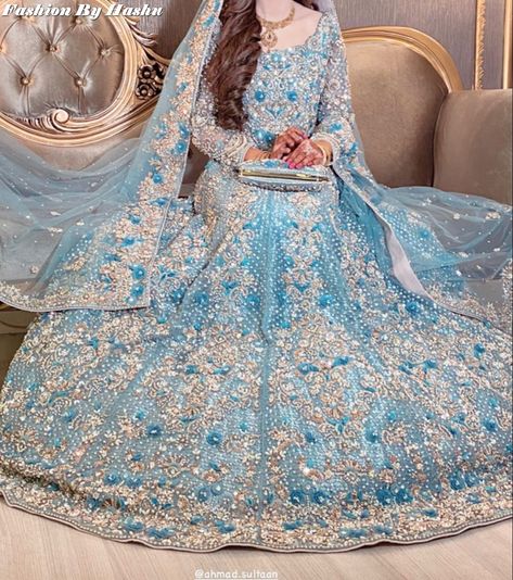 Top Trending Sky Blue Fancy Dresses Stylish Design Traditional Collection 2023 | For More Designs Click on our YouTube link...? Light Blue Lehenga Bridal, Nikah Dress Pakistani, Engagement Dress For Bride Indian, Valima Dress, Baraat Dress, Blue Bridal Dress, Occasional Dresses, Gharara Designs, Pakistani Bridal Dress