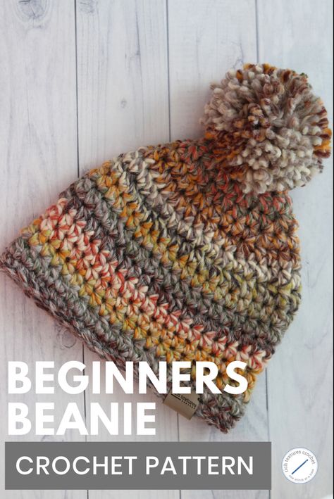 A multicoloured crochet beanie with pompom Quick And Easy Crochet Beanie Patterns Free, Cute Stuff To Crochet, Easy Crochet Hats For Beginners, Easy Crochet Beanie, Crochet Hats Free Pattern Ladies, Crochet Cat Beanie, Crocheted Beanies, Crochet Hat Tutorial, Chunky Crochet Hat