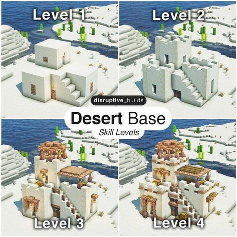 r/Minecraftbuilds - Here are 4 skill levels of a Desert Base! Minecraft Desert Builds Blueprints, Sand Minecraft Houses, Minecraft Desert Base Ideas, Minecraft Dessert House Ideas, Desert Oasis Minecraft, Dessert Minecraft Build, Minecraft Desert Temple Remodel, Dessert Minecraft House, Minecraft Houses Desert