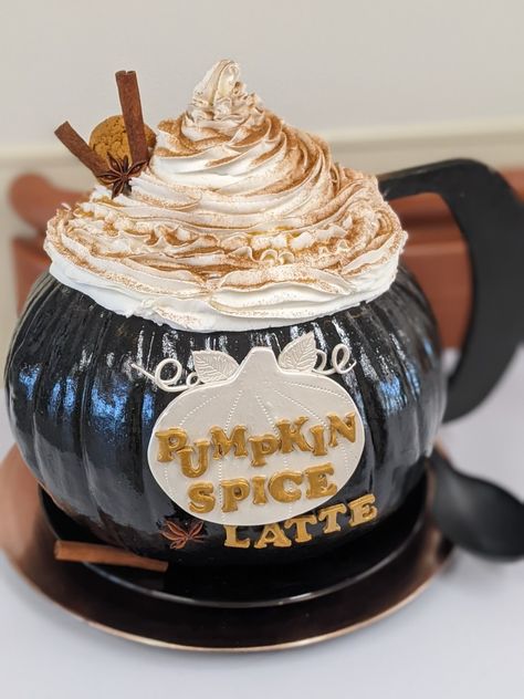 Pumpkin Spice Pumpkin Decorating, Food Theme Pumpkin Decorating, Food Pumpkin Painting Ideas, Food Painted Pumpkins, Pumpkin Spice Latte Pumpkin Decorating, Pumpkin Painting Ideas Coffee, M&m Pumpkin Painting Ideas, Starbucks Painted Pumpkin, Pumpkin Spice Latte Pumpkin Painting