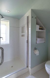 Attic Bathroom - Photos & Ideas | Houzz Shower Pictures Ideas, Attic Shower, Stone Tile Bathroom, Shower Pictures, Classic Bathroom Design, Wood Floor Bathroom, Yellow Cabinets, Subway Tiles Bathroom, Dark Wood Cabinets