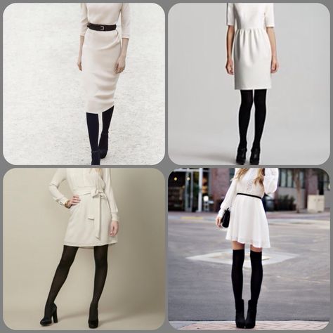 White dress. Black tights. Black shoes. Great look. White Dress Black Tights Winter, White Dress And Black Tights, White Bodycon Dress Outfit Winter, White Dress With Black Stockings Outfit, White Dress Black Tights Outfit, Cream Skirt Black Tights, White Dress With Black Tights, White Dress With Black Panty Hose, Black Tights And White Socks