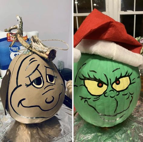 Cindy Lou Who Pumpkin Painting, Grinch Pumpkin Painting Ideas, Grinch Painted Pumpkin, Grinch Pumpkin Decorating, The Grinch Pumpkin Painting, Grinch Pumpkin Painting, The Grinch Pumpkin, Christmas Pumpkins Painted, Grinch Pumpkin