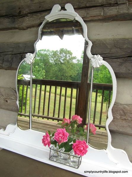 turning an antique vanity mirror into a wall shelf, repurposing upcycling, shelving ideas, wall decor Antique Vanity Mirror, Mirror Repurpose, Recycled Decor, Valentines Door Hanger, Old Mirrors, Shelving Ideas, Antique Vanity, Dresser Mirror, Mirror With Shelf