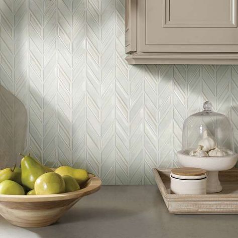 Chevron Tile Backsplash, Green Kitchen Backsplash, Chevron Backsplash, Neutral Backsplash Kitchen, Backsplash With White Cabinets, Ceramic Tile Backsplash, Sage Green Kitchen, Chevron Tile, Kitchen Design Color