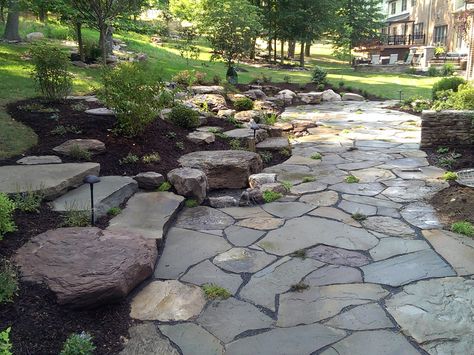 Flagstone On A Slope, River Stone Patio, Flat Rock Patio, Flagstone Terrace, Flagstone Stairs, Hill Stairs, Recreational Pond, Natural Stone Patio, Rock Patio