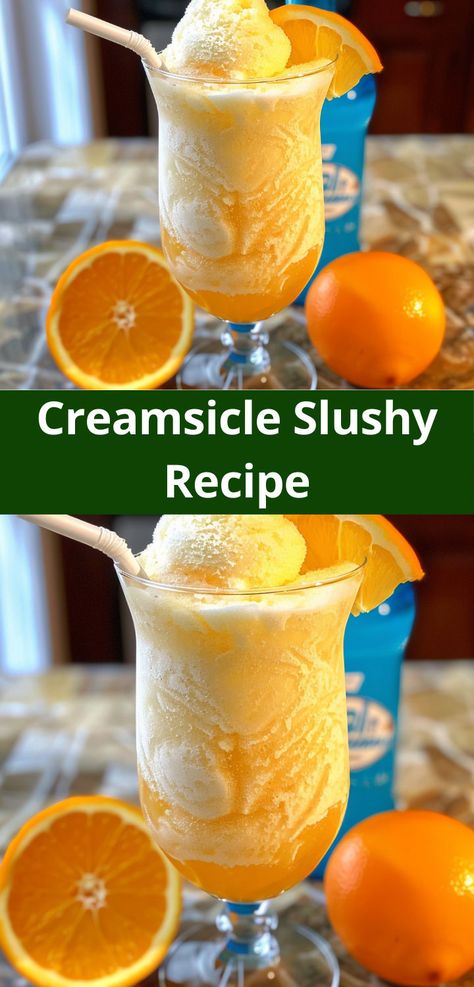 Cool down with this quick and tasty creamsicle slushy recipe. Juice Ice, Orange Creamsicle, Cool Summer, Drinks Recipes, Orange Juice, Juice, Vanilla, Healthy Recipes, Drinks