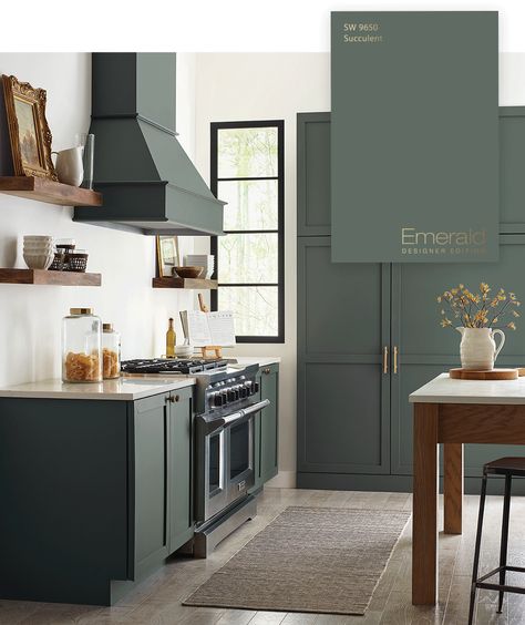 Sherwin Williams Succulent Kitchen Cabinets, Dark Green Cabinets Sherwin Williams, Sherwin Williams Succulent Green Cabinets, Succulent Green Kitchen Cabinets, Sw Succulent Kitchen Cabinets, Farm Fresh Paint Color, Sw 9650 Succulent, Sherwin Williams Designer Color Collection, Succulent Cabinet Color