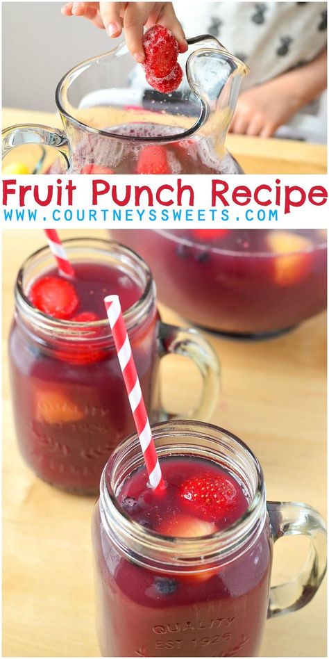 Fruit Punch Recipe - perfect for kids. Refreshing drink recipe using all fruit juices and water, not from concentrate! Alcohol Fruit, Punch Recipes For Kids, Juice Recipes For Kids, Fruit Drinks Recipes, Fruit Punch Recipe, Fun Drink Recipe, Fruit Juice Recipes, Recipes Fruit, Party Punch Recipes