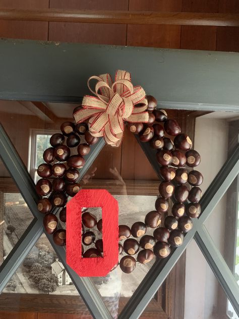 Crafts With Buckeyes Ohio, Buckeye Wreath Diy, Buckeye Nut Crafts Diy, Buckeye Ornaments Diy, Buckeye Nut Crafts, Buckeye Projects, Buckeye Wreath, Nut Wreath, Buckeyes Crafts