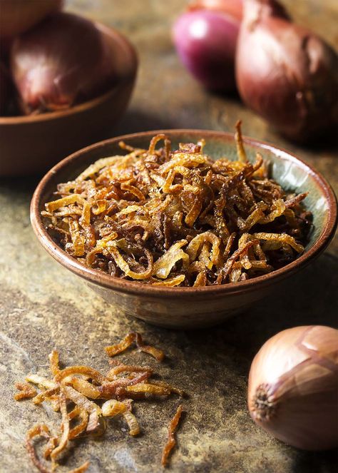 Making crispy fried shallots is a simple and easy process! All you need are three ingredients and a little time to get them golden brown. Gluten-free. Vegan. | justalittlebitofbacon.com White Bean Dip, Crispy Shallots, Fried Shallots, Single Recipes, How To Cook Beans, Goat Cheese Salad, Butternut Squash Soup, Squash Soup, Dried Beans