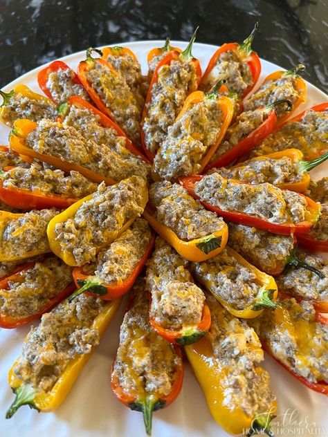 Cream Cheese Stuffed Peppers, Party Meals, Party Finger Food, Alfredo Bake, Mini Peppers, Mini Sweet Peppers, Hot Sausage, Stuffed Mini Peppers, Game Day Appetizers