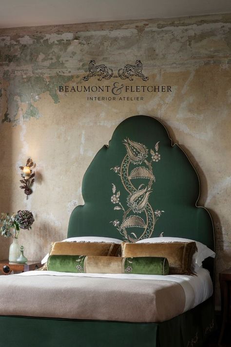 A green, domed shaped headboard with a striking golden embroidery with tulips and leaves. Embroidered Headboards, Embroidered Headboard, Bespoke Headboard, Cool Headboards, Bespoke Headboards, Home Character, Painted Headboard, Luxury Headboard, Turkish Architecture