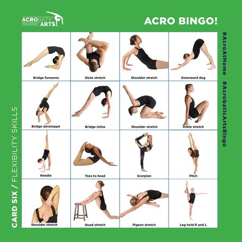 Acrobatic Arts - Here is your next bingo card! Keeping up with flexibility is important in dance and acro training! Tag us with your cards! #acrobaticarts #acroathome #acrobaticartscertified #acro #acrodance #acrotraining #flexibility | Facebook Acro Moves, Dance Terms, Gymnastics Lessons, Dance Business, Gymnastics Moves, Dance Acro, Dance Coach, Quad Stretch, Acro Dance