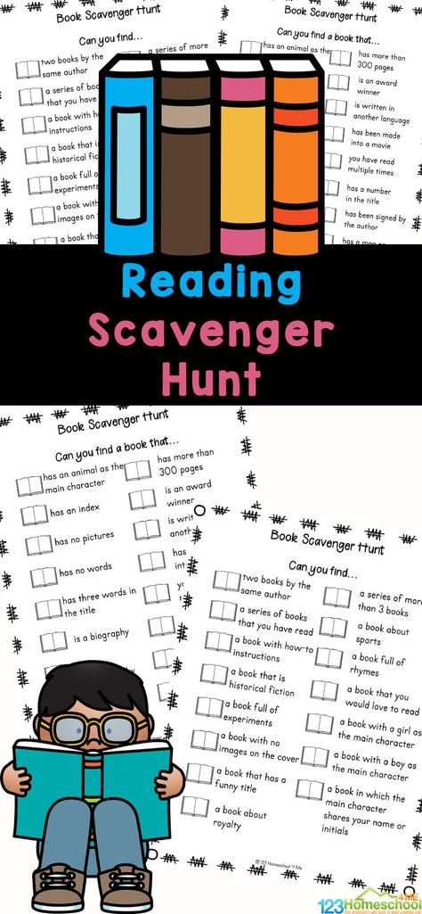 Kids will enjoy searching for different books and information in books with this fun and free Reading Scavenger Hunt. This free printable scavenger hunt is fun for kindergarten, first grade, 2nd grade, 3rd grade, 4th grade, and 5th grade students. Using thie literacy scavenger hunt is a great way for kids to become familiar with the library and how to find different resources. Simply print library printable pdf file with the scavenger hunt pdf in color or black and white and you are ready for Library Activities For Kids, Reading Scavenger Hunt, Fun Library Activities, Free Printable Scavenger Hunt, Books For 1st Graders, Comprehension Bookmarks, Book Scavenger Hunt, 4th Grade Books, 3rd Grade Books