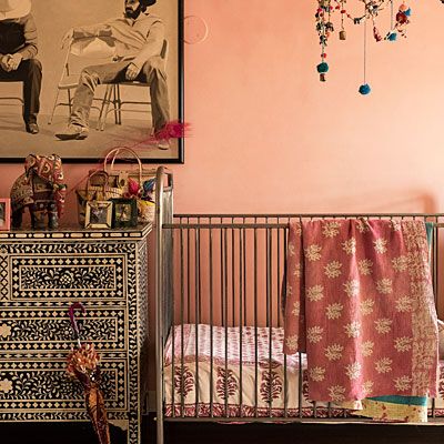 The black-and-white artwork pairs perfectly with the ornate, inlay Indian dressers. Indian Nursery, Room Ideas Boho, Decor Room Ideas, Sunny House, Bedroom Indian, Western Nursery, Nursery Pink, Tiny Shop, Maximalist Style