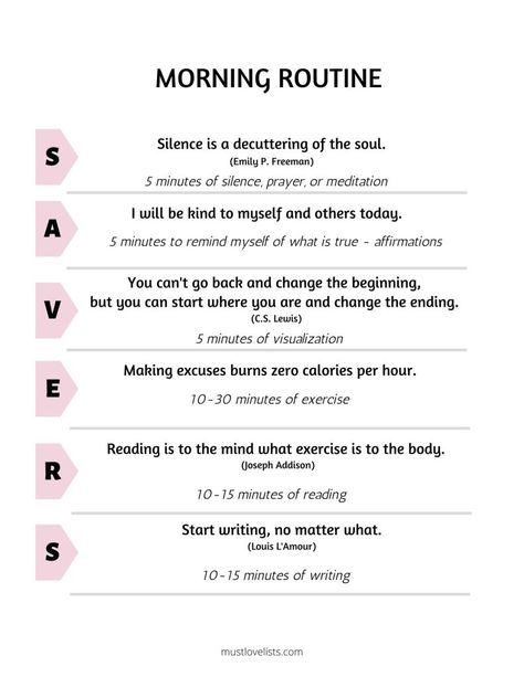 Use this one-page printable to focus and inspire your miracle morning routine. These quotes will motivate you to establish the practice of Silence, Affirmation, Visualization, Exercise, Reading, and Scribing (Writing). #miraclemorning #morningroutine The Morning Miracle, Morning Visualization, Morning Sheets, Miracle Morning Savers, 5 Minutes Workout, Routine Inspiration, The Miracle Morning, Miracle Morning Routine, Morning Checklist