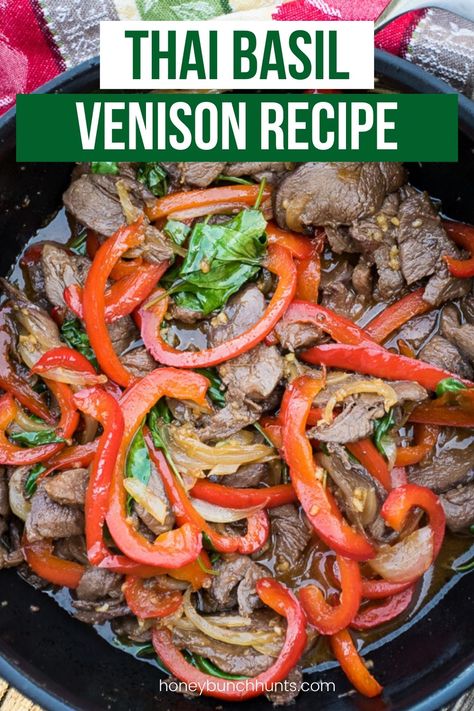 Sweet and spicy, this Thai Basil Venison Recipe is a great way to enjoy venison tenderloin. #thai #basil #thaibasil #venison #tenderloin #HHrecipes Paleo Venison Recipes, Venison Asian Recipes, Venison Tenderloin, Jerky Recipe, Greek Dinners, Game Meat, Venison Steak, Delicious Paleo Recipes, Deer Meat